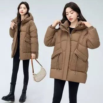 Пуховое пальто женское зимнее, новинка 2023 года, модное стильное свободное пальто средней длины с капюшоном, холодное и теплое M чёрный