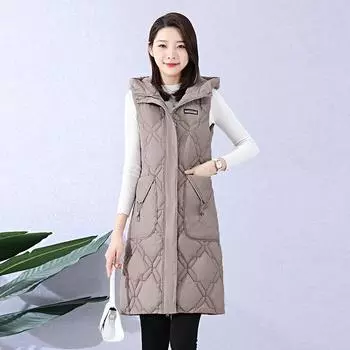 Пуховой жилет средней длины, женский тонкий ромбовидный клетчатый жилет, модный жилет без рукавов с капюшоном, куртка L чёрный