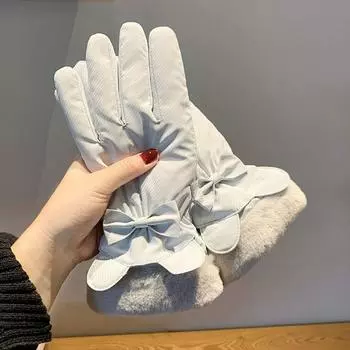 Пуховые хлопковые плюшевые утолщенные перчатки с мягкими ушками, варежки для пальцев, универсальные варежки с бантом, защита от холода, на каждый день светло-синий