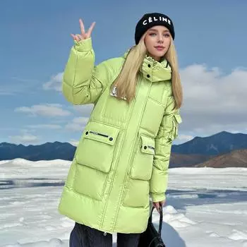 пуховые изделия на ватной подкладке для женщин, зимние средние и длинные свободные утолщенные теплые изделия на ватной подкладке и куртки на ватной подкладке. M [Recommended below 52.5kg] чёрный