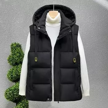 Пуховый хлопковый жилет мужской осенне-зимний новый хлопковый жилет зеленый студенческий с капюшоном трендовый мужской жилет терможилет L (90-55 kg) чёрный