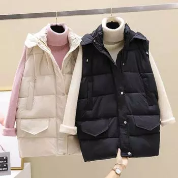 Пуховый хлопковый жилет женский осенне-зимний новый с капюшоном студенческий свободный модный жилет хлопковый жилет куртка прилив M [Recommended below 52.5 kg] чёрный