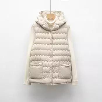 Пуховый жилет новый национальный стандарт 90 пух осень и зима новый легкий и тонкий жилет с капюшоном женский простой пуховик S чёрный