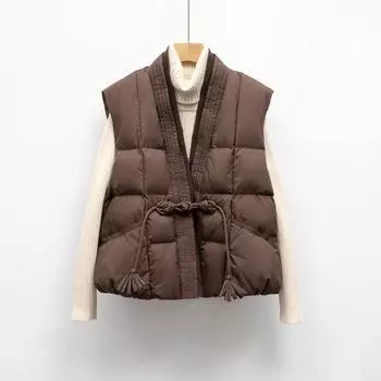 Пуховый жилет новый национальный стандарт 90 пух повседневный осень и зима легкий и простой однотонный V-образный вырез свободное пальто S чёрный