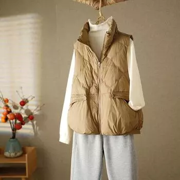 Пуховый жилет женский 2024 весна и осень новый белый утиный пух женский короткий утолщенный пуховик корейский пуховый жилет One size бежевый