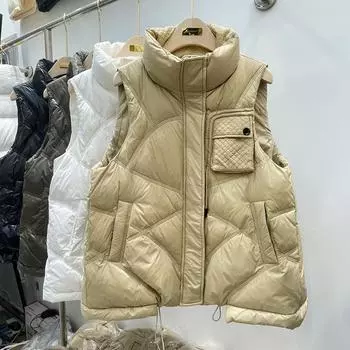 Пуховый жилет женский короткий ежегодный новый белый утиный пух легкий жилет стоячий воротник свободный маленький мужской жилет S чёрный