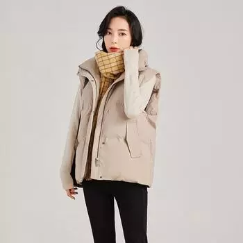 Пуховый жилет, женский короткий осенне-зимний воротник-стойка, корейский стиль, темперамент, повседневное свободное пальто S чёрный