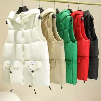 Пуховый жилет женский, осень-зима 2023, новый свободный и тонкий топ без рукавов с капюшоном, утепленный жилет, пальто M чёрный