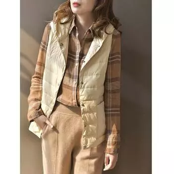 Пуховый жилет женский пуховик короткий 2024 новый корейский вариант с капюшоном легкий пуховый жилет зимний S белый