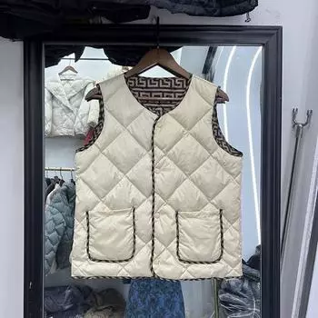 Пуховый жилет женский жилет круглый вырез пуговицы осень и зима новый пуховик модный женский жилет теплый универсальный пальто S хаки