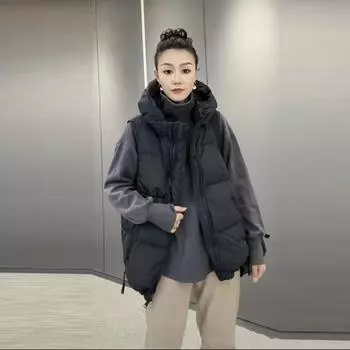 Пуховый жилет женское осенне-зимнее короткое пальто 2024 новый жилет с капюшоном пуховик жилет модное пальто average size (recommended 40kg-75kg) чёрный