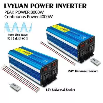 8000 Вт (Вершина горы) Инвертор 12 В/24 В до 230 В мощностью 4000 Вт для караванов, автономных солнечных систем, с 2 розетками переменного тока, беспроводным пультом дистанционного управления 12V 220V Universal 50Hz синий