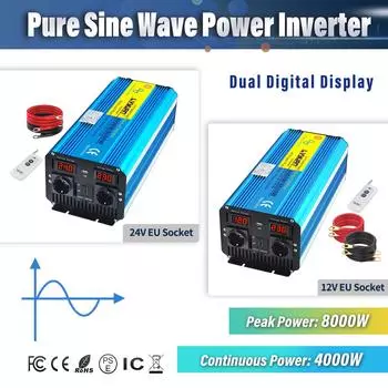 Пульт дистанционного управления Чистая синусоида 8000 Вт Пиковая мощность DC12 В/24 В в переменный ток 230 В 4000 Вт Номинальная мощность EU розетка питания 230 В Кемпинговый инвертор 24V EU Socket синий
