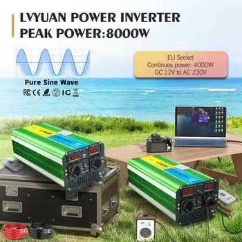 Пульт дистанционного управления Чистая синусоида от 12 В/24 В постоянного тока до 230 В переменного тока, 4000 Вт, непрерывный/8000 Вт, пиковая мощность, 2 розетки переменного тока, преобразователь питания, 220 В, инвертор мощности с розеткой европейского
