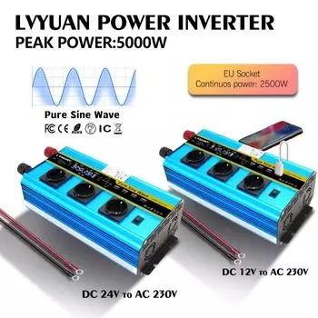 5000 Вт (Вершина горы) 12 В до 230 В 2500 Вт Номинальная мощность Чистая синусоида Автомобильный Евро/Универсальный Инвертор для Кемпинга, Домашних Автономных Солнечных Систем 12V 230V EU Sokcet синий