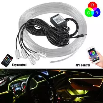 Пульт дистанционного управления с помощью приложения для управления салоном автомобиля, окружающая лампа, 6-метровые оптоволоконные атмосферные лампы RGB app
