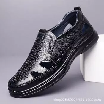 Pull Back Sandals Men S Shoes Leather Hole Sandals Hollow Leather Shoes Men S Middle-Aged And Elderly Father Shoes 38