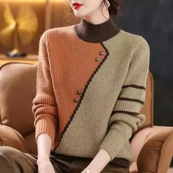 Pull Femme Осень Зима Женский свитер Высокий воротник Женский трикотажные топы с пуговицами Сращивание Теплые повседневные пуловеры Верхняя одежда XXXL оранжевый