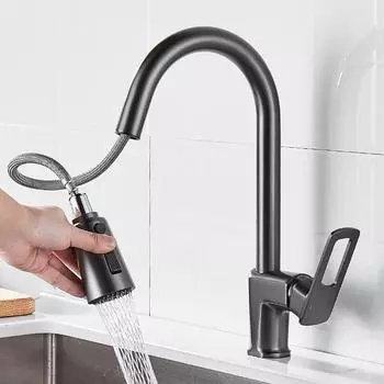Выдвижной кухонный кран Gun Grey Single Handl Black Kitchen Faucet Sink Tap Single Hole Rotating Water Mixer Tap