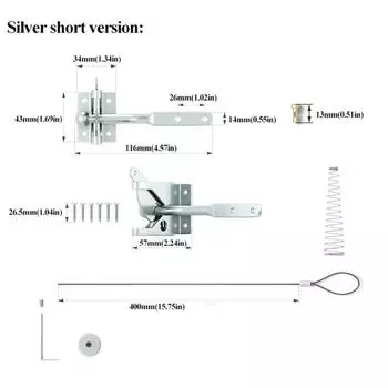Pull String Heavy Duty Gate Lock Carbon Steel Automatic Door Lock Home Outdoor Short style silver