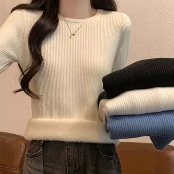 Pullover autumn and winter thickened warm fleece slim fit sweater knitted sweater low neck bottoming shirt top feeling S