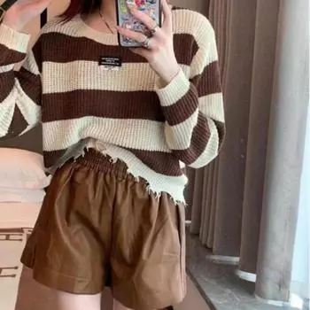 Пуловер 2022, новый черно-белый полосатый свитер, вязаная рубашка с круглым вырезом, женский дизайн, пуловер с рваным подолом и длинными рукавами One Size чёрный