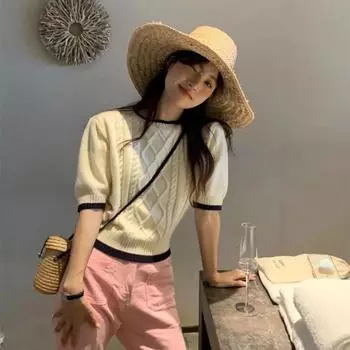 Пуловер 2023, корейский цветной контрастный свитер с узором «Жареное тесто» и короткими рукавами, свитер с пузырьковыми рукавами, женский