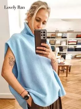 Однотонный свитер-жилет женский водолазка женская весна осень без рукавов уличная женская вязаная шикарная верхняя часть S синий