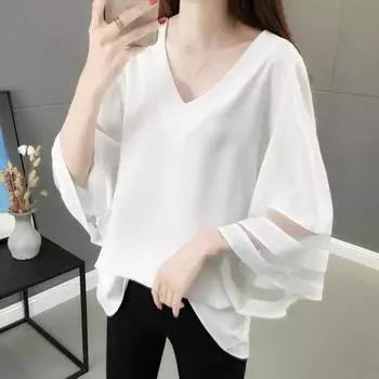 Пуловер большого размера с v-образным вырезом и рогом, однотонная рубашка, сетчатая лоскутная рубашка со свободными рукавами, летняя блузка 3XL темно-синий