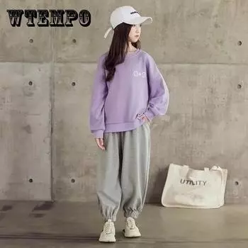 Пуловер для девочек, свитер с длинными рукавами и круглым вырезом, свободные спортивные брюки, костюм на весну и осень, корейская версия, дышащий костюм из двух частей с длинными рукавами 160