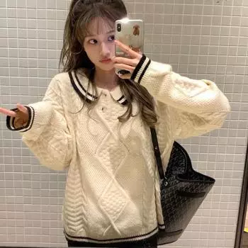 Пуловер для колледжа с жареным тестом, женский свитер на осень и зиму 2023, новый свободный трикотаж с длинными рукавами, женский топ One Size темно-коричневого