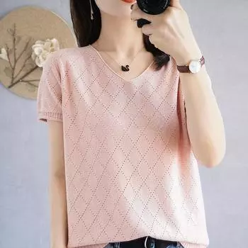 Пуловер из чистого хлопка с V-образным вырезом и ажурным узором, женская летняя новая модная универсальная футболка с коротким рукавом, удобный дышащий тонкий топ M
