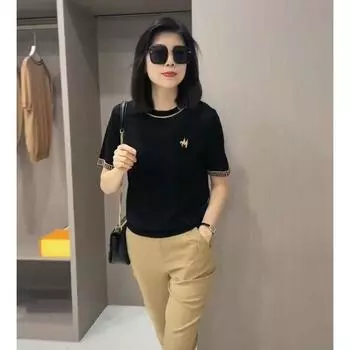 Пуловер из тенсела с круглым вырезом, подходящий ко всему, футболка, визуально стройнящая, вышивка Black 2XL(Below 69.00kg)