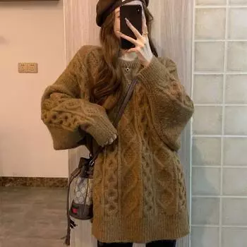 Пуловер из теста, вязаный свитер для женщин, осень-зима 2022, свободный нежный универсальный свитер с круглым вырезом и длинными рукавами, пуловер, топ