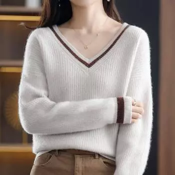 Пуловер, кашемировый свитер на осень/зиму, универсальный свитер с v-образным вырезом, свободная верхняя одежда соответствующего цвета, женская One Size зелёный