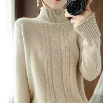 Пуловер, кашемировый свитер, осенне-зимний новый теплый свободный шерстяной свитер с полувысоким воротником и подкладкой, пуловер с длинными рукавами для женщин