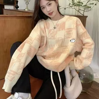 Пуловер Ленивый Свитер Женский Осень 2022 Новый Корейский Мягкий Восковой Свитер Свободный Клетчатый Свитер С Вышивкой Собаки Повседневный Свитер Пуловер Женский