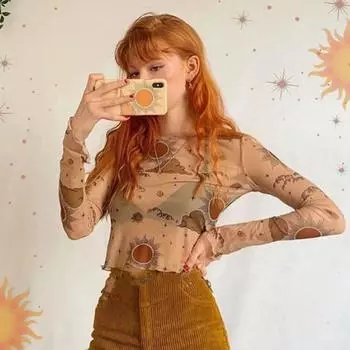 Пуловер Mesh Moon Sheer Футболка с длинным рукавом Sun Star Прозрачный топ Повседневная верхняя одежда M