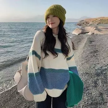 Пуловер мягкий клейкий контрастного цвета, вязаный осенне-зимний полосатый маленький и свежий высококачественный нишевый женский свитер One Size синий