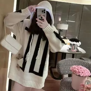 Пуловер, мягкий клейкий свитер для женщин, весна-осень 2023, полосатый модный свободный вязаный свитер с капюшоном, пуловер для женщин
