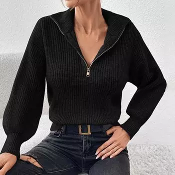 Пуловер на молнии, модный однотонный свободный повседневный свитер с длинным рукавом и воротником-молнией для женщин S чёрный