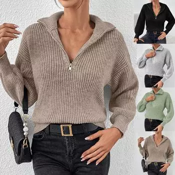 Пуловер на молнии, модный однотонный свободный повседневный свитер с длинным рукавом и воротником-молнией для женщин L чёрный