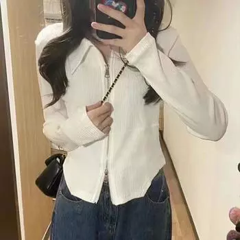 Пуловер на молнии, женская футболка с длинным рукавом, весенне-осенний шикарный дизайн, тонкий короткий топ S белый