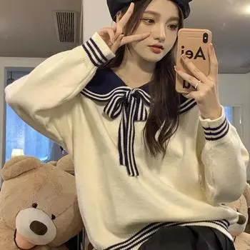 Пуловер на осень и зиму, контрастный темно-синий свитер с длинными рукавами и воротником, свободный весенний универсальный маленький и милый вязаный свитер для женщин One Size белый