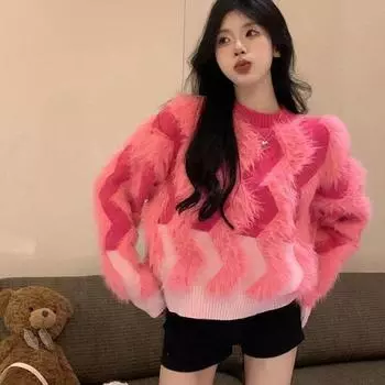 Пуловер на осень и зиму, милый контрастный свитер, трикотаж, корейский дизайн, свободный и универсальный свитер, женский пуловер One Size розовый