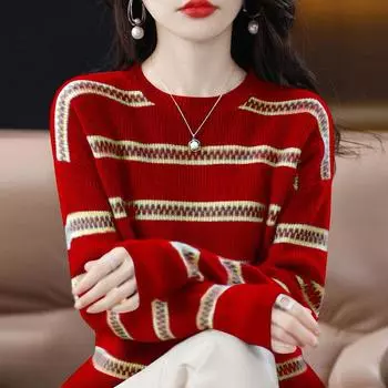 Пуловер на осень и зиму с круглым вырезом, цветной контрастный трикотаж в полоску, свитер с длинными рукавами, женский универсальный вязаный свитер One Size красный