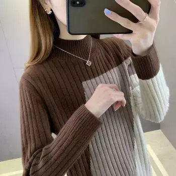 Пуловер на осень и зиму с полувысоким воротником 2023, свободный свитер, женский вязаный свитер с длинными рукавами в тон, пальто