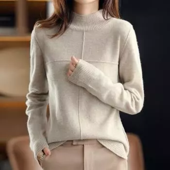 Пуловер на осень и зиму, вязаный пуловер с полувысоким воротником и длинными рукавами, вязаная нижняя рубашка, женский свитер, свободный пуловер, женский