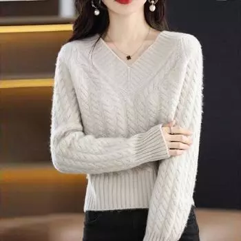 Пуловер на осень и зиму, женский трикотаж с v-образным вырезом, витой цветок, свободный вязаный однотонный короткий пуловер с длинными рукавами, женский свитер One Size зелёный