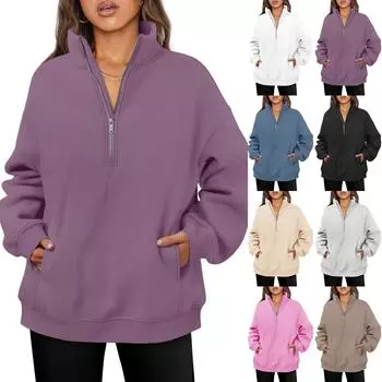 Пуловер на полумолнии, женские толстовки с капюшоном на четверти молнии, осенне-зимняя одежда, одежда с карманами, свободные кофты XXL